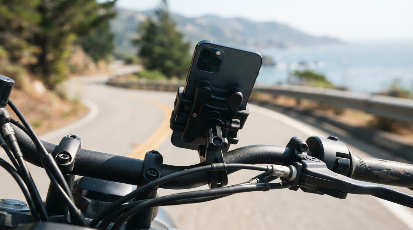 A smartphone secured to a motorcycle handlebar with a blurred road behind it.