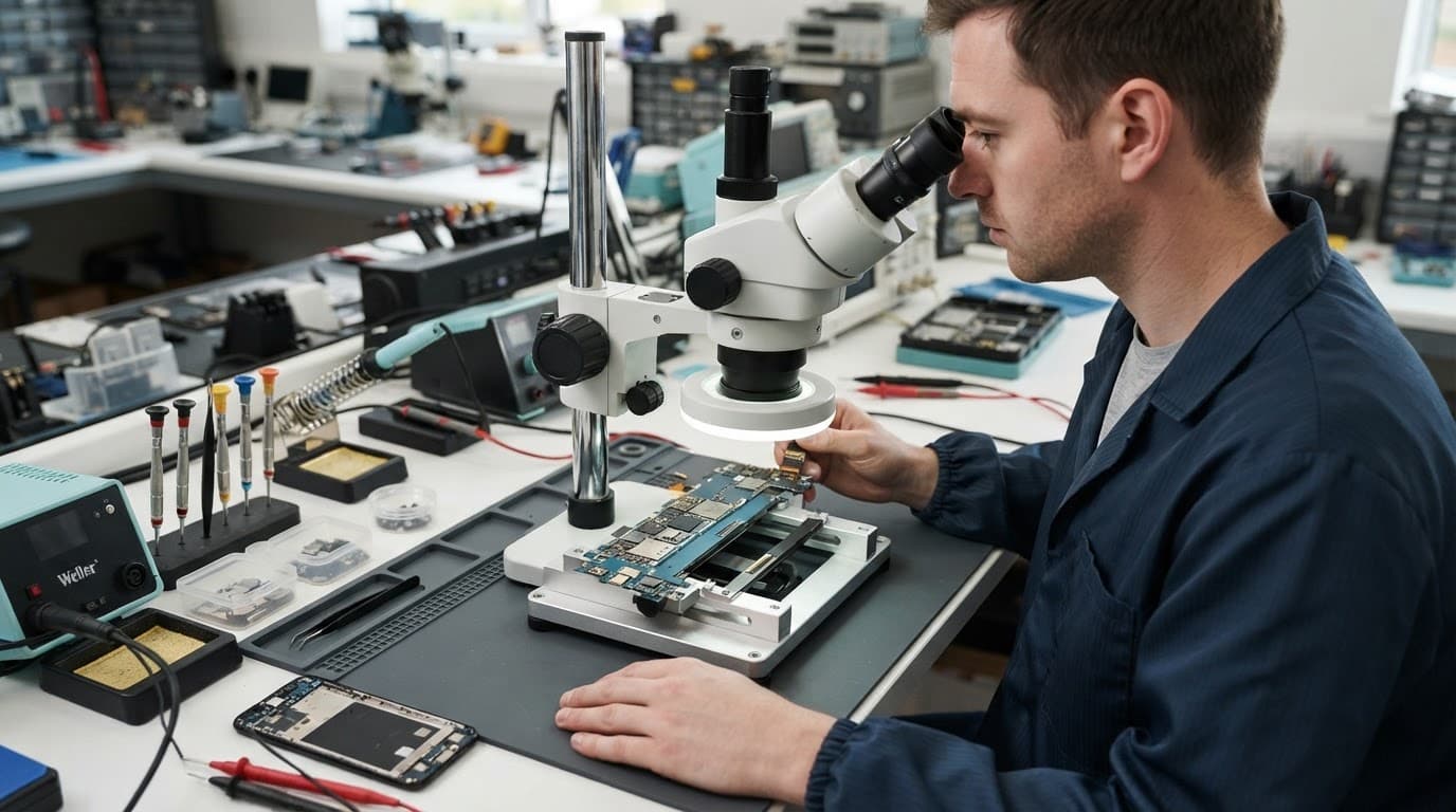 Technician inspecting a damaged phone motherboard under a microscope.