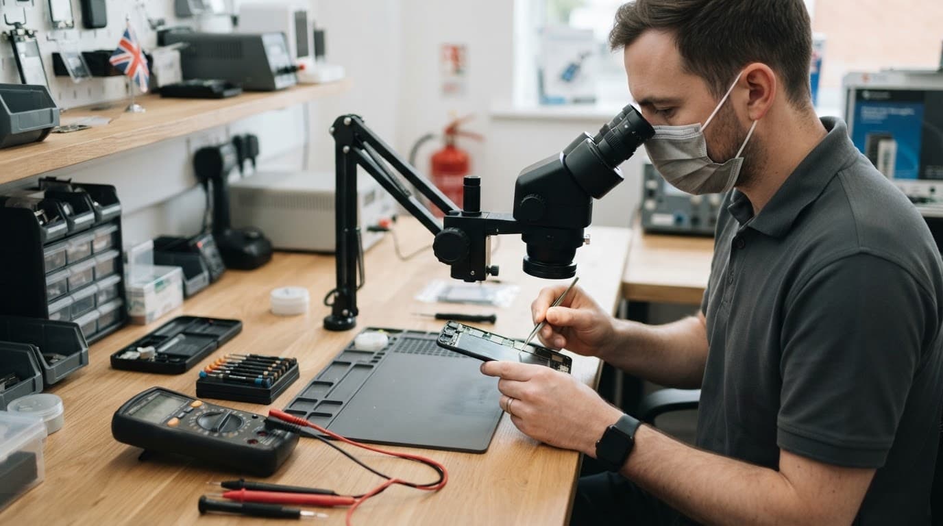 Technician examining a smartphone beside repair tools and a microscope.