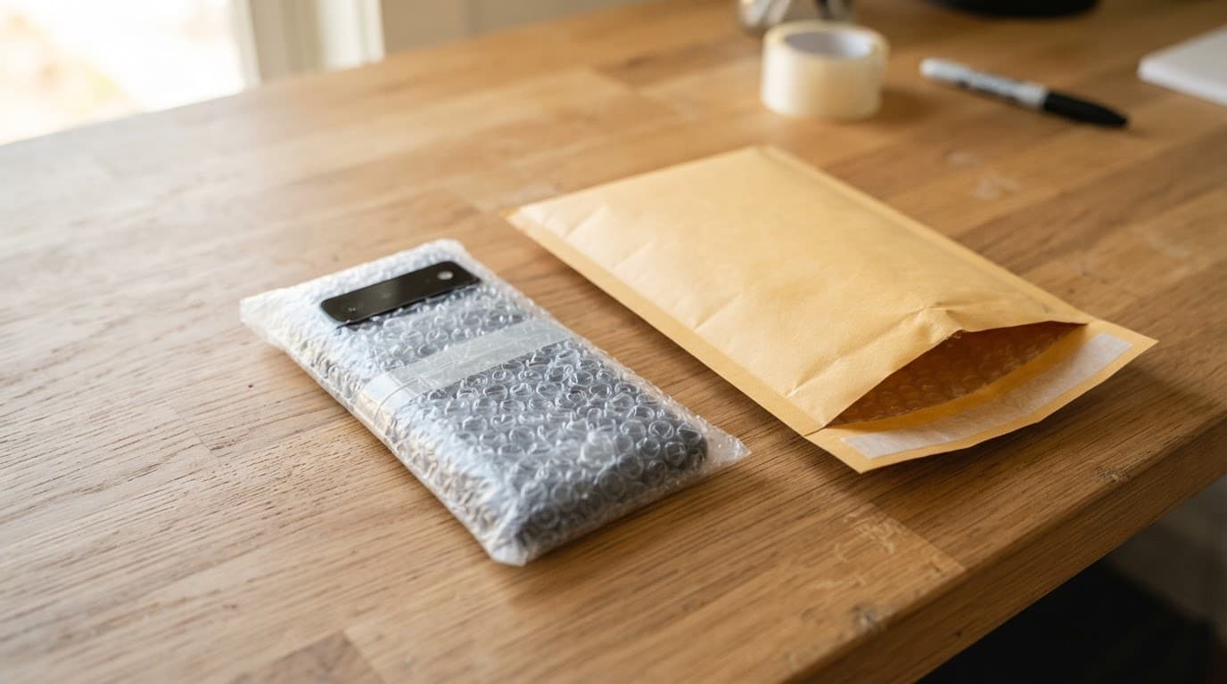 A smartphone and padded envelope on a wooden desk ready for shipping.