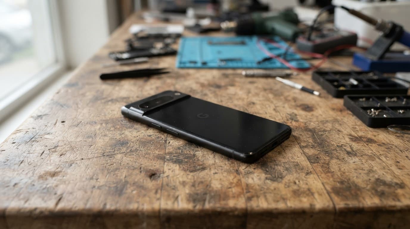 A Google Pixel phone resting on a wooden workbench in a repair shop.