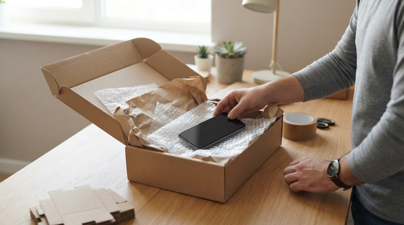 A person packs a smartphone in bubble wrap inside an open parcel box.
