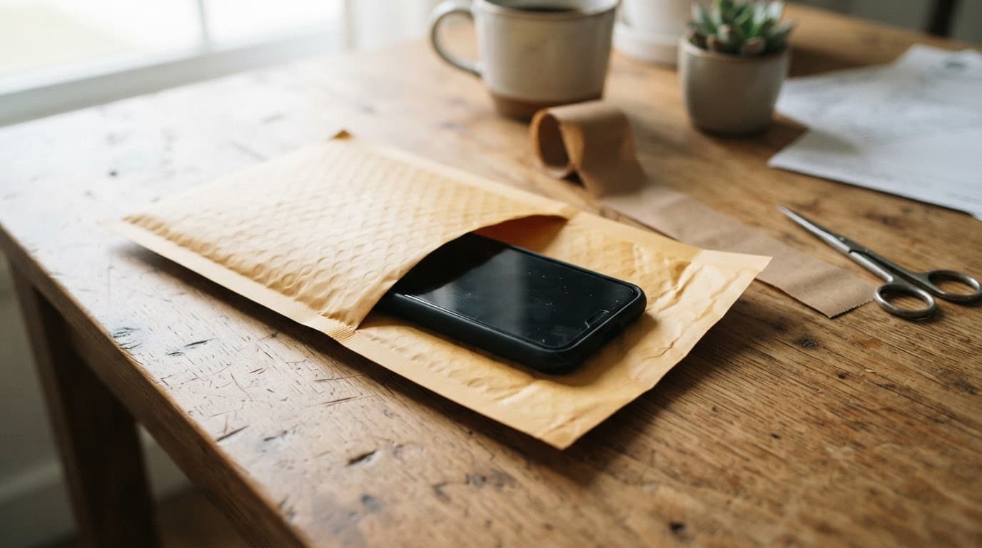 A padded envelope and smartphone arranged for postal repair on a wooden desk.