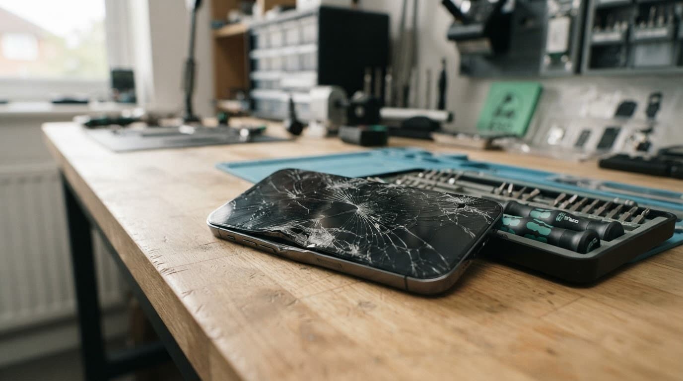 A run-over smartphone with a cracked screen beside a small screwdriver set.
