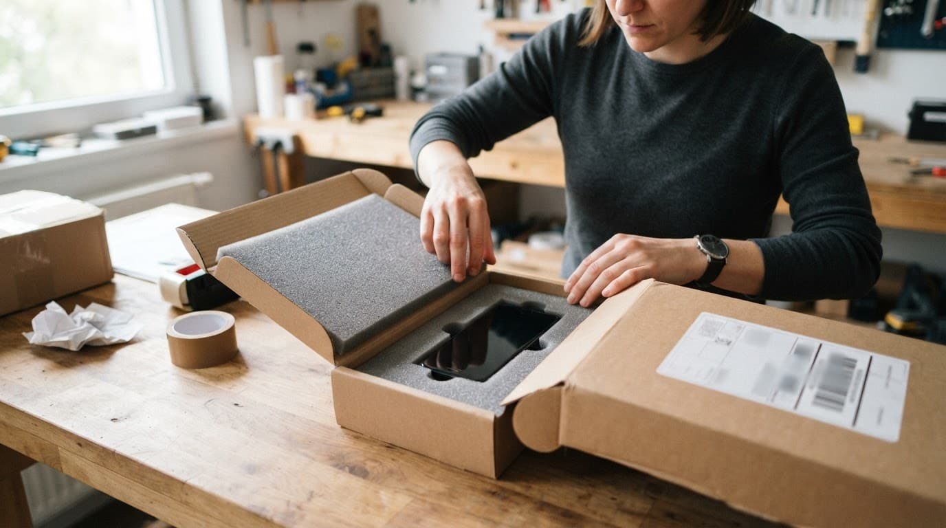 A smartphone sits in a padded shipping box on a wooden desk.