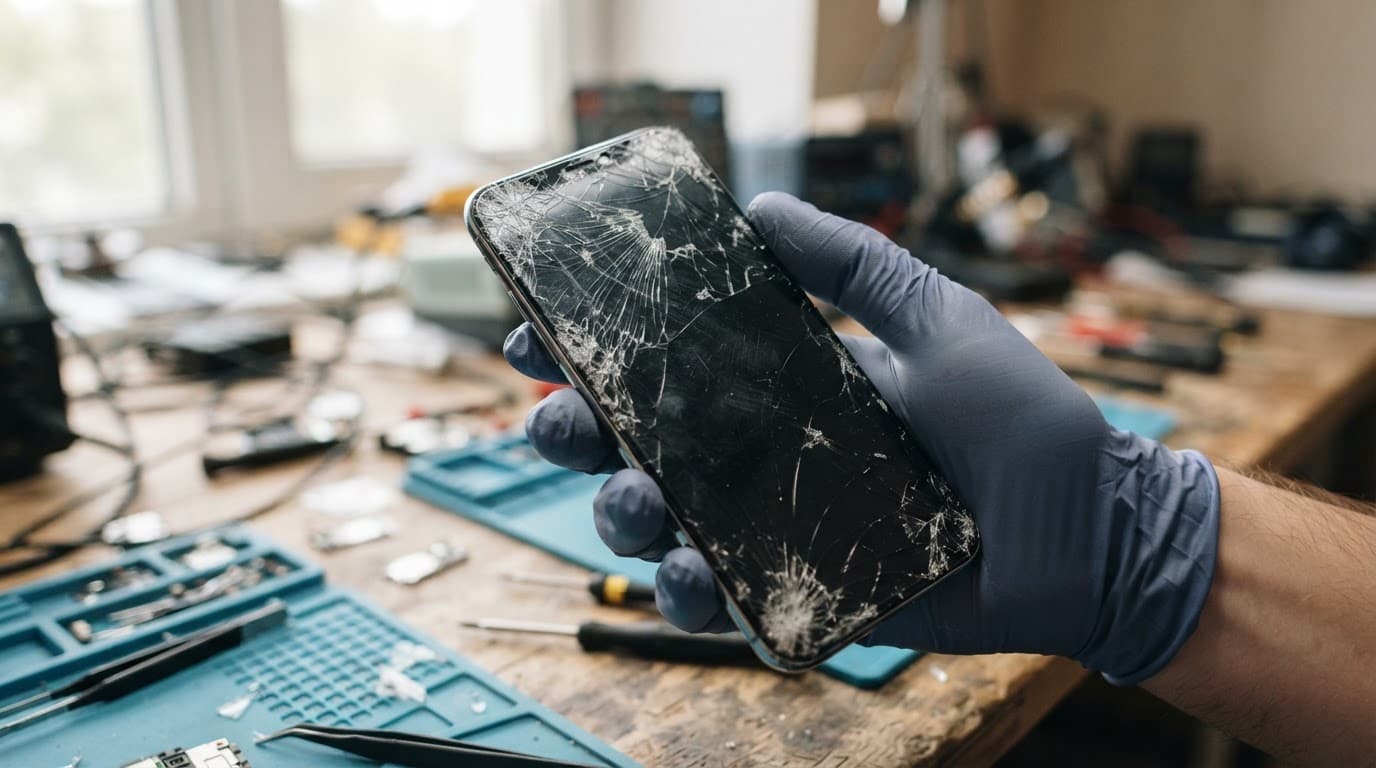 A protective glove holds a smartphone with a shattered screen in a workshop.