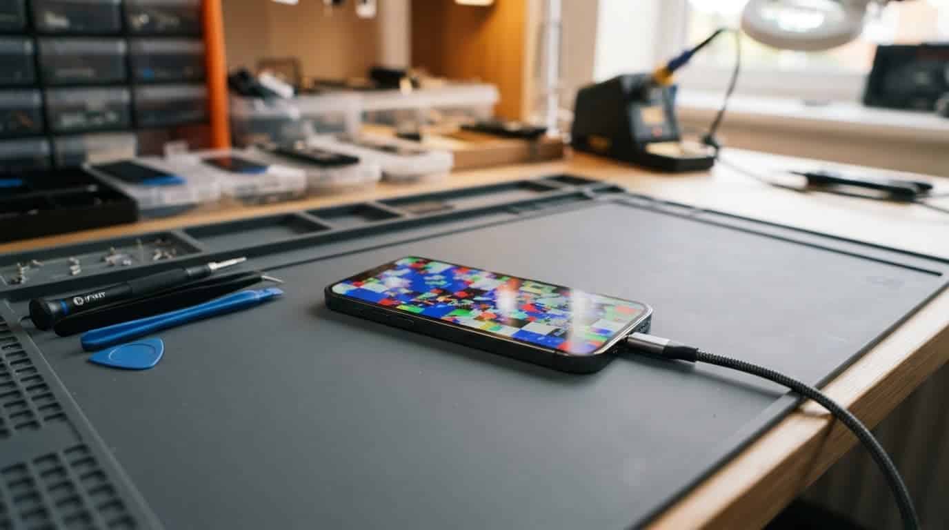 Lit smartphone on a repair bench beside a diagnostic cable and tools.
