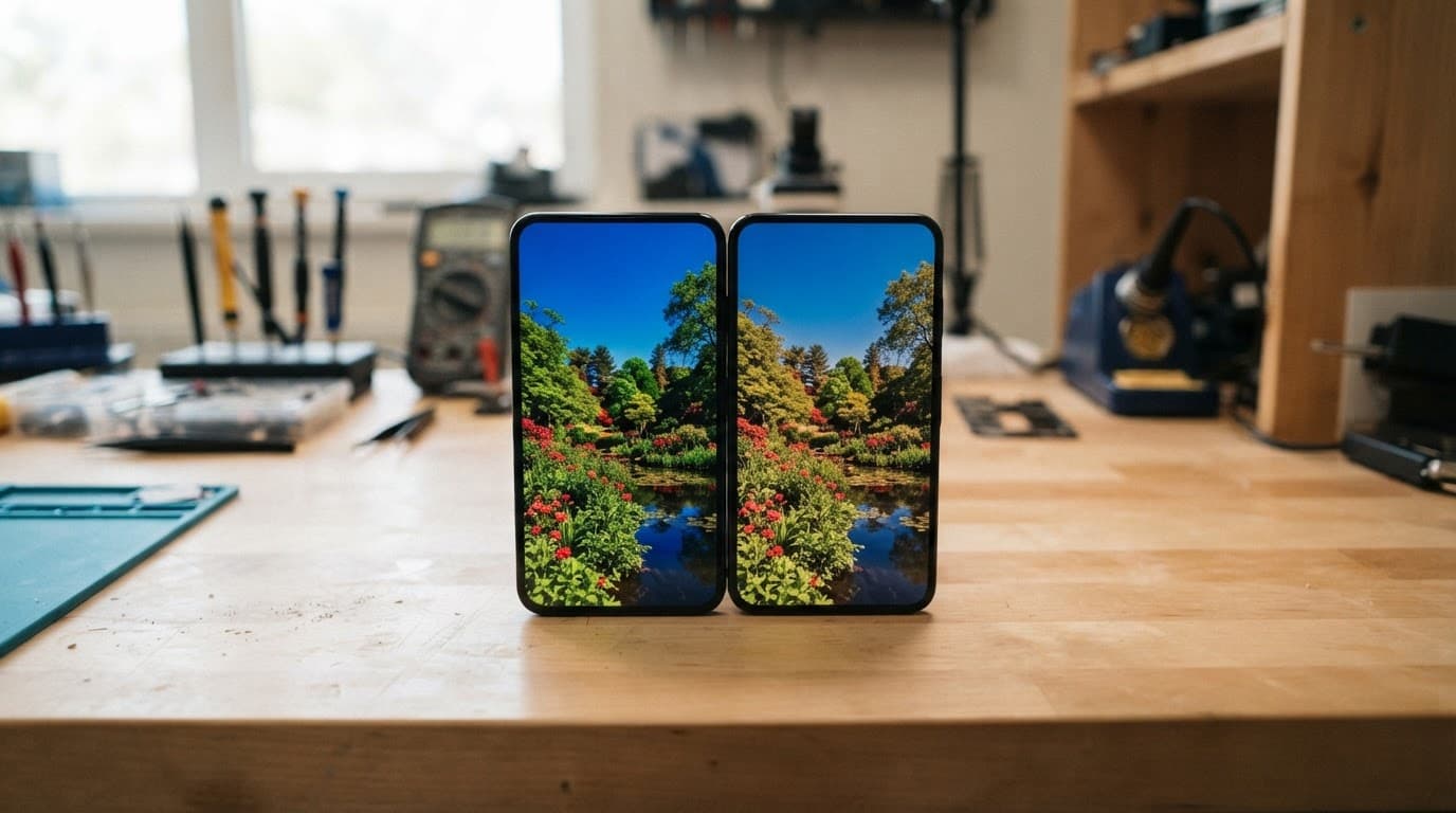 Two smartphones showing different screen colours on a repair workbench.