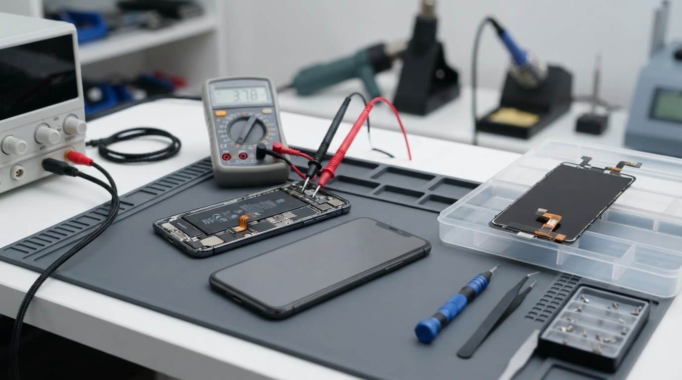 Opened smartphone beside testing tools, a charging cable, and a replacement screen on a repair mat.