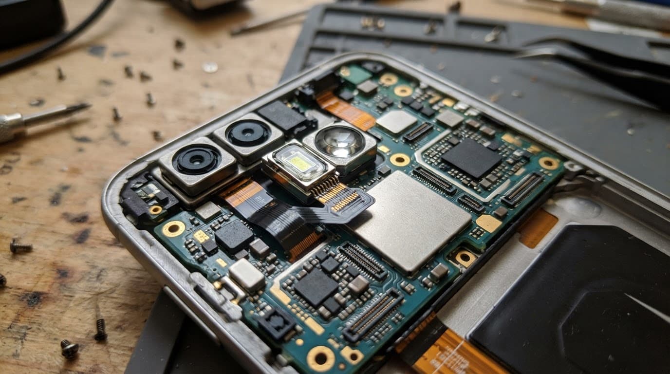 Close-up of smartphone circuit boards and an LED flash module on a workbench.