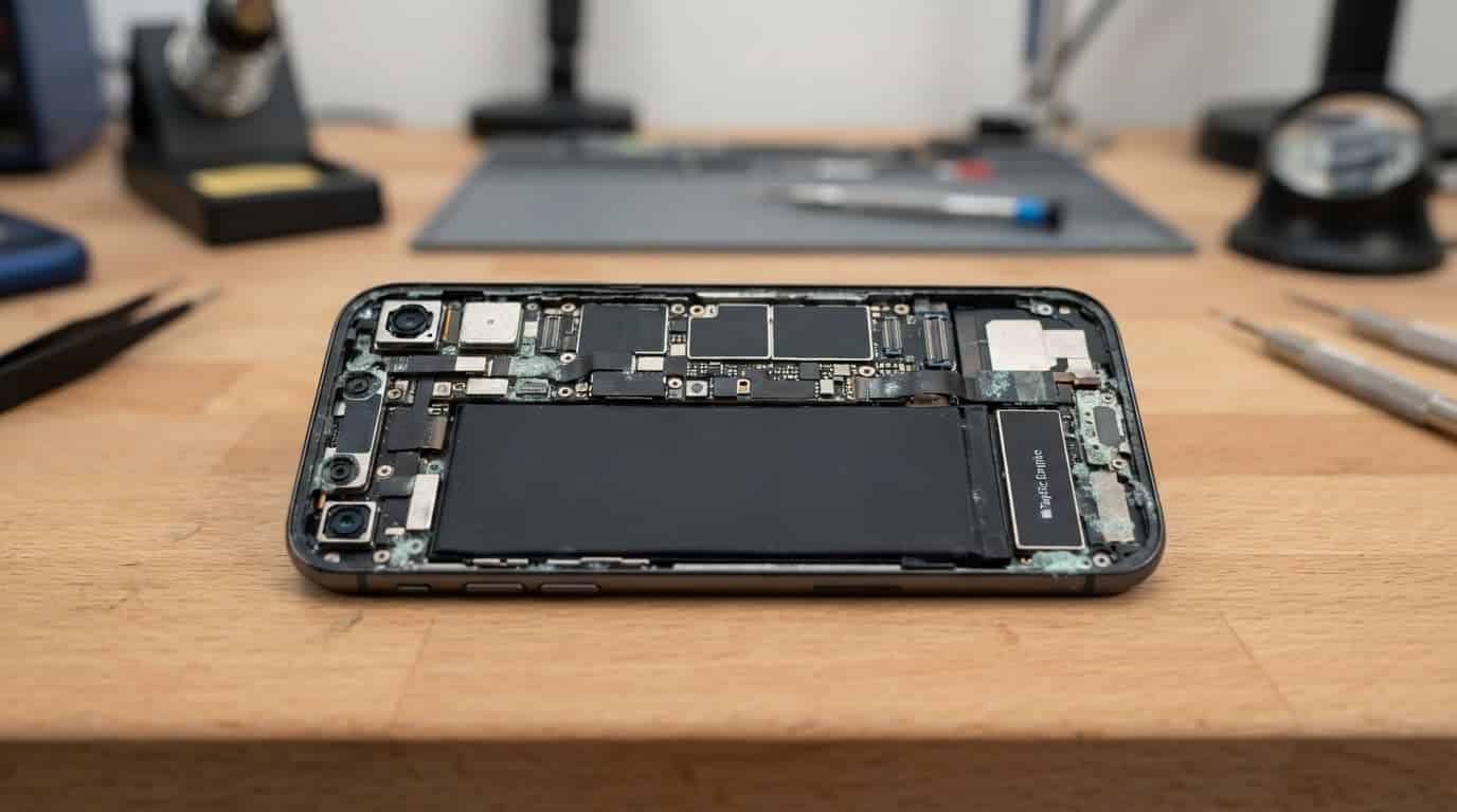 An opened smartphone showing green-white corrosion on its internal shielding and connectors.
