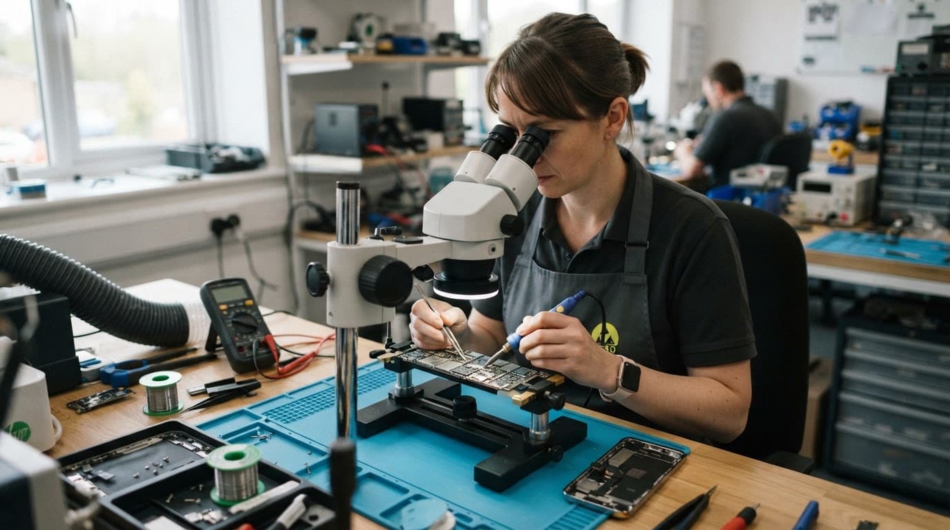 Technician microsoldering a smartphone motherboard beside a microscope.