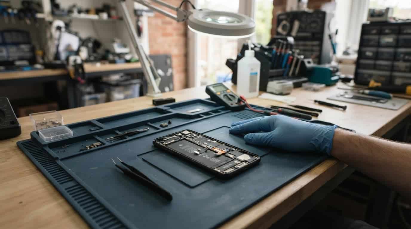 An opened smartphone on a repair mat beside a technician's hand and diagnostic tools.