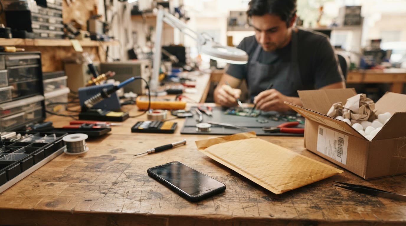 A smartphone beside a padded envelope and shipping box on a wooden workbench.