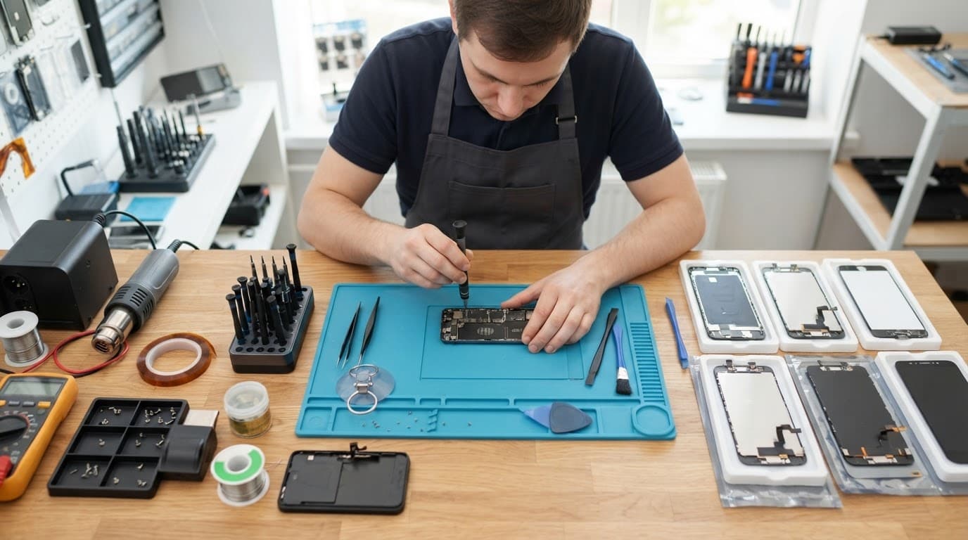 A technician uses repair tools beside spare smartphone display modules.