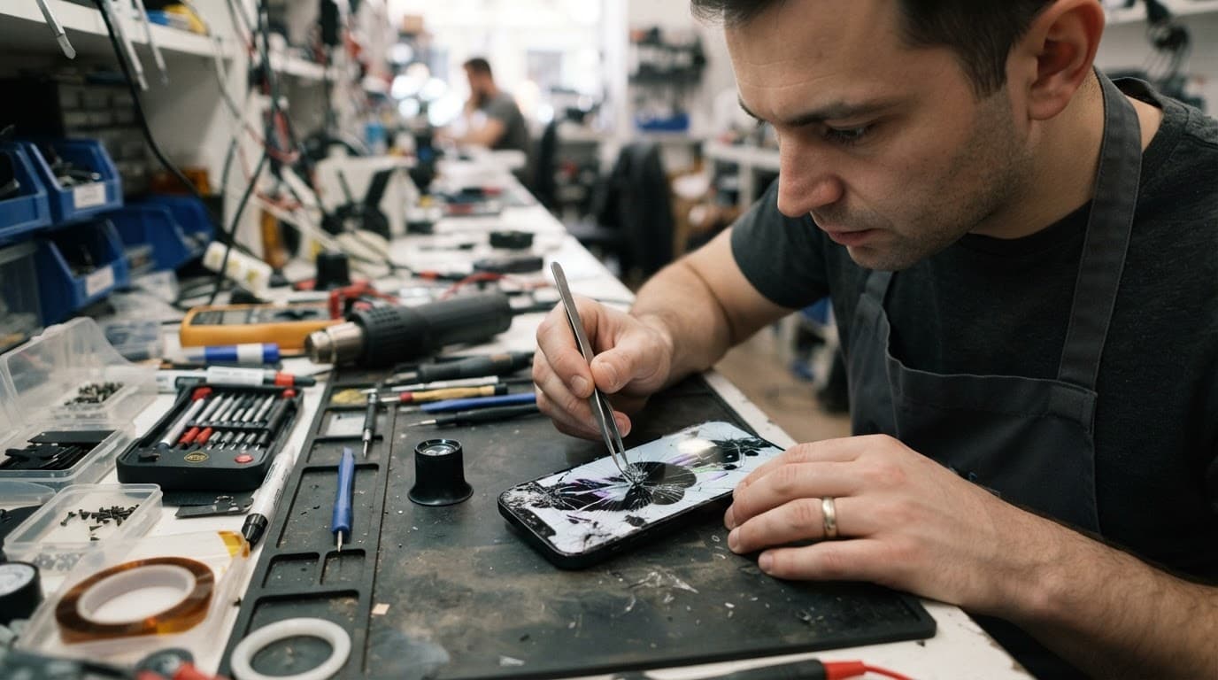A technician inspects a cracked smartphone on a tool-covered workbench.