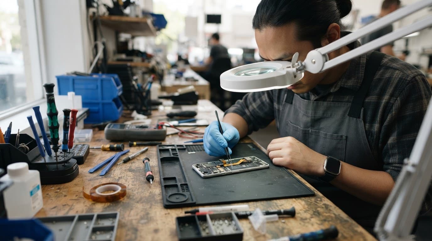 Technician examining a Pixel phone beside repair tools and a magnifying lamp.