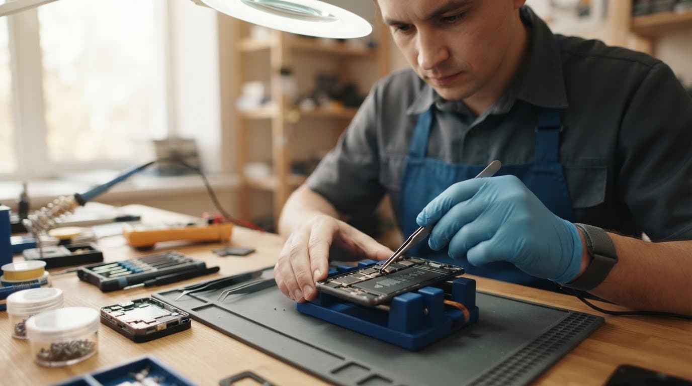 Technician repairing a smartphone with precision tools in a clean workshop.